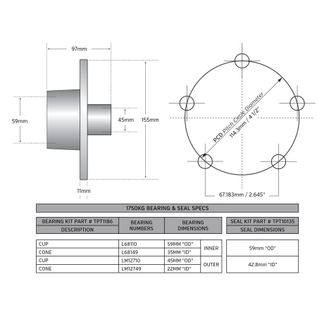 Trojan Hub Kit - Non-Braked - 1750kg - Pair 5 stud 4.5\" PCD_2